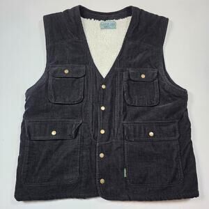 WhiteBird Mens LL Black Quilted Corduroy Lined Wooly Fleece Vest Pockets